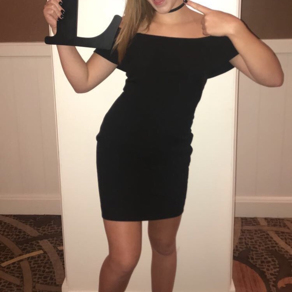 Off the Shoulder Black Tight Dress, Mid Thigh